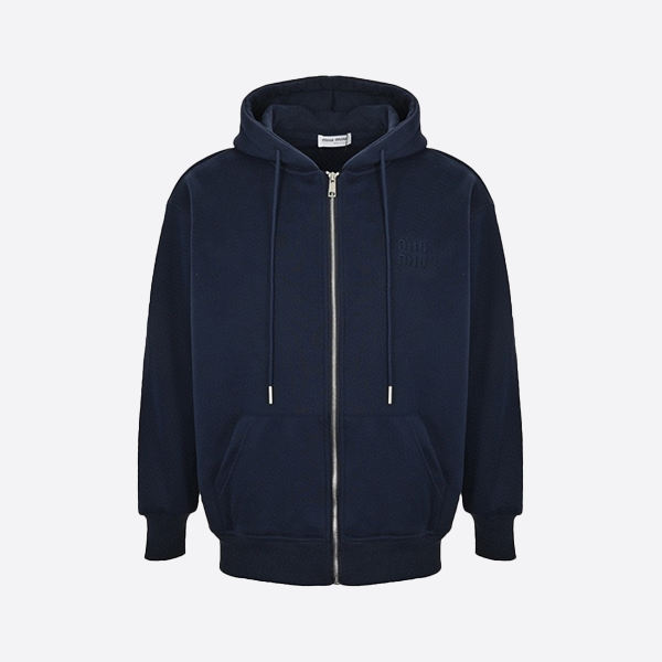 ミュウミュウ 24Fw 刺繍ロゴ フリース ジップアップ ジャケットネイビーブルー