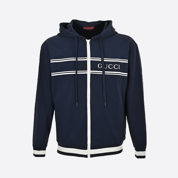 グッチ 24FW ストライプ レタリング ラミネート ジップアップ フード付きジャケット