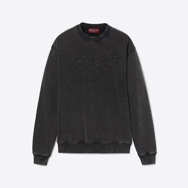 グッチのダメージ加工レターパッチ刺繍ラウンドネックスウェットシャツ