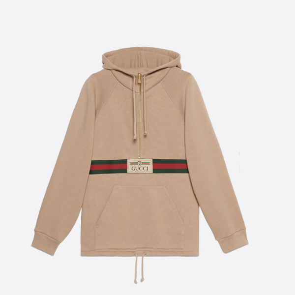 グッチのレッド＆グリーンのウェブ ハーフジップ ロングスリーブ フード付きスウェットシャツ