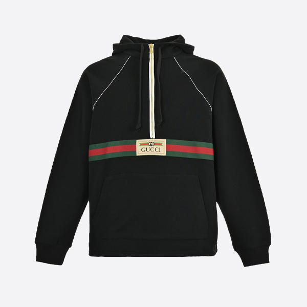 グッチのレッド＆グリーンのウェブ ハーフジップ ロングスリーブ フード付きスウェットシャツ