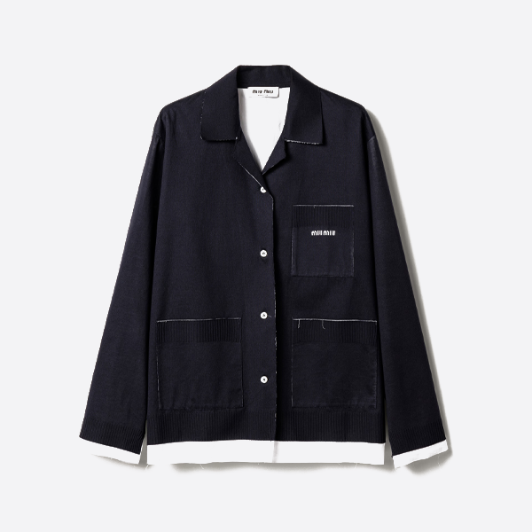 ミュウミュウ フェイクツーレイヤーラペルニットカーディガン ブラック＆ホワイト