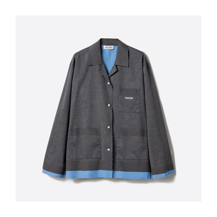 ミュウミュウのフェイクツーレイヤーラペルニットカーディガン