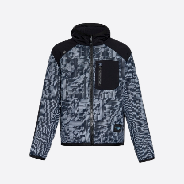 フェンディのブラック＆ブルーのフルプリントFFナイロンジャケット、フード付きコットンコート