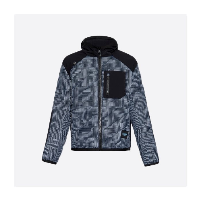 フェンディのブラック＆ブルーのフルプリントFFナイロンジャケット、フード付きコットンコート