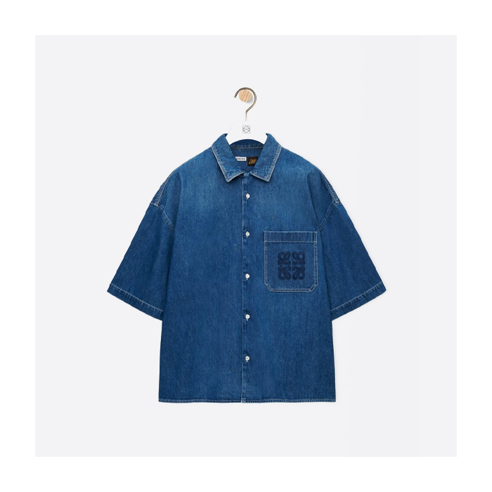 ロエベの刺繍ポケット付きデニム半袖シャツ